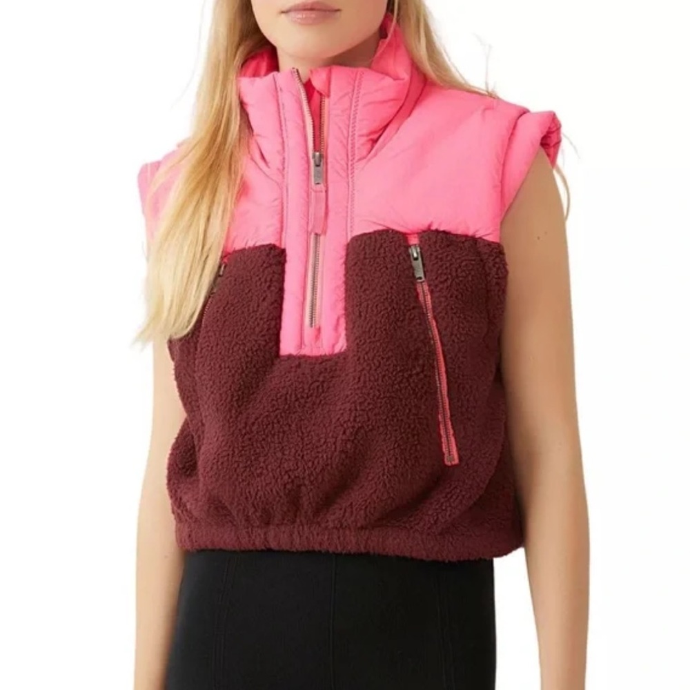 Free People Vibrant Pink and Burgundy Sherpa & Puffer Vest